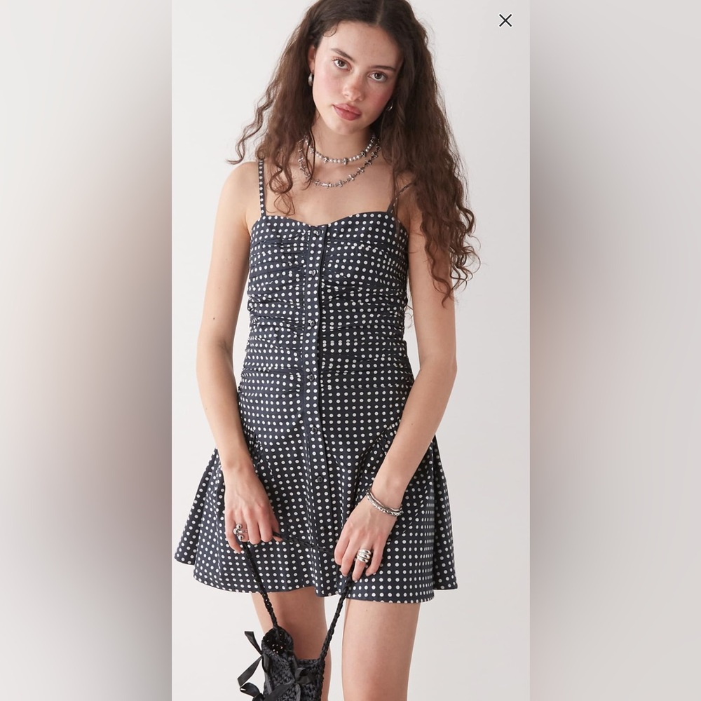 ASOS Reclaimed Vintage Mini Sun Dress Drop Waist, Navy w/ White Polka Dots US 2
